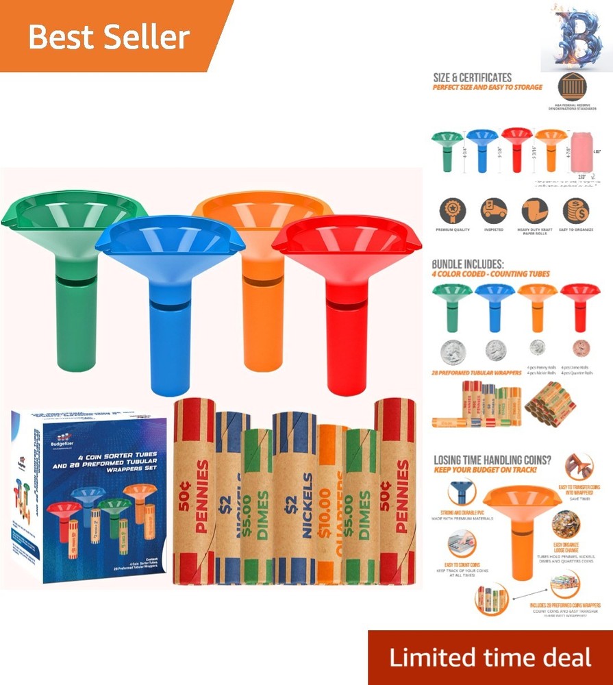 Complete Coin Sorting and Wrapping System - 4 Tubes with 28 Color-Coded Wrappers