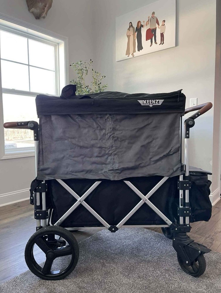 Keenz Pull-Along Wagon Stroller Black Double Seating Canopy Storage Rubber Tires