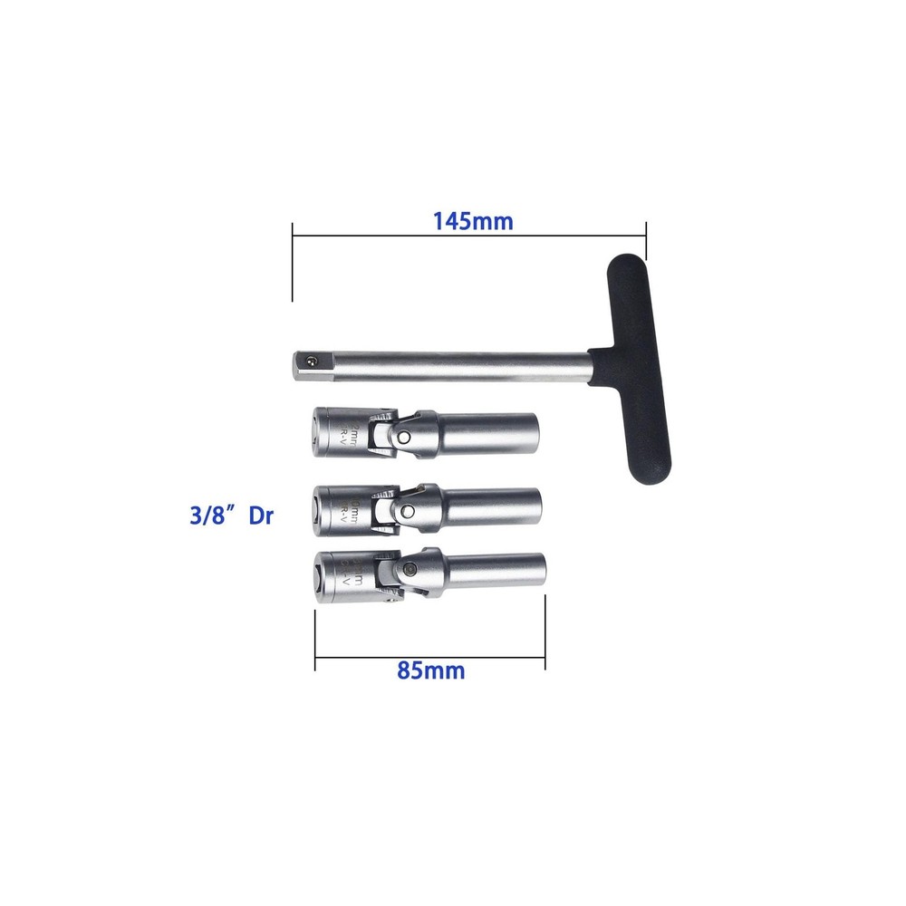 4pc Glow Plug Socket Set - 3/8" Dr T-Bar - For 8/10/12mm - Removal Tool