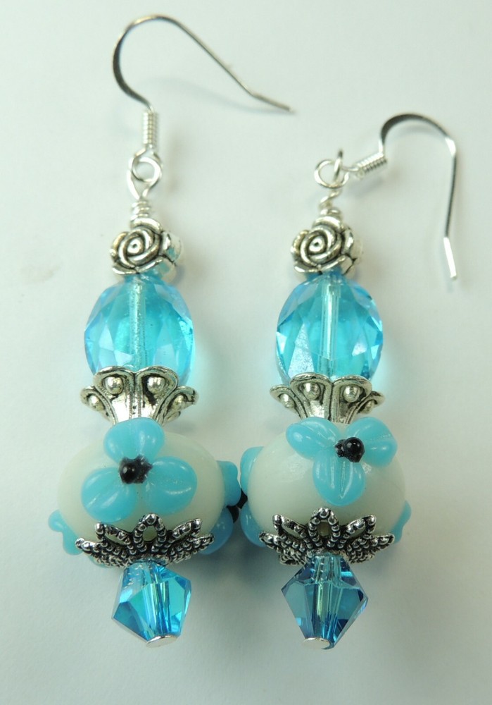 Flower Lampwork Turquoise Crystal  Earrings   Handcrafted