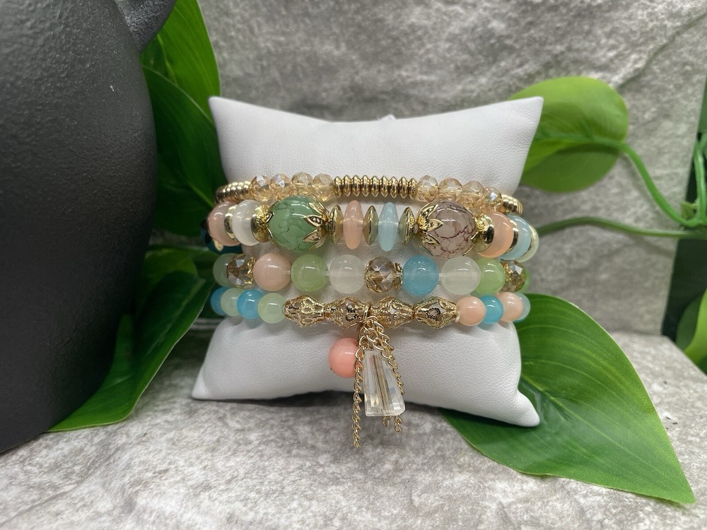 4 PC Handmade Boho Beaded Stackable 7” Plus Stretch Bracelet Set B2510