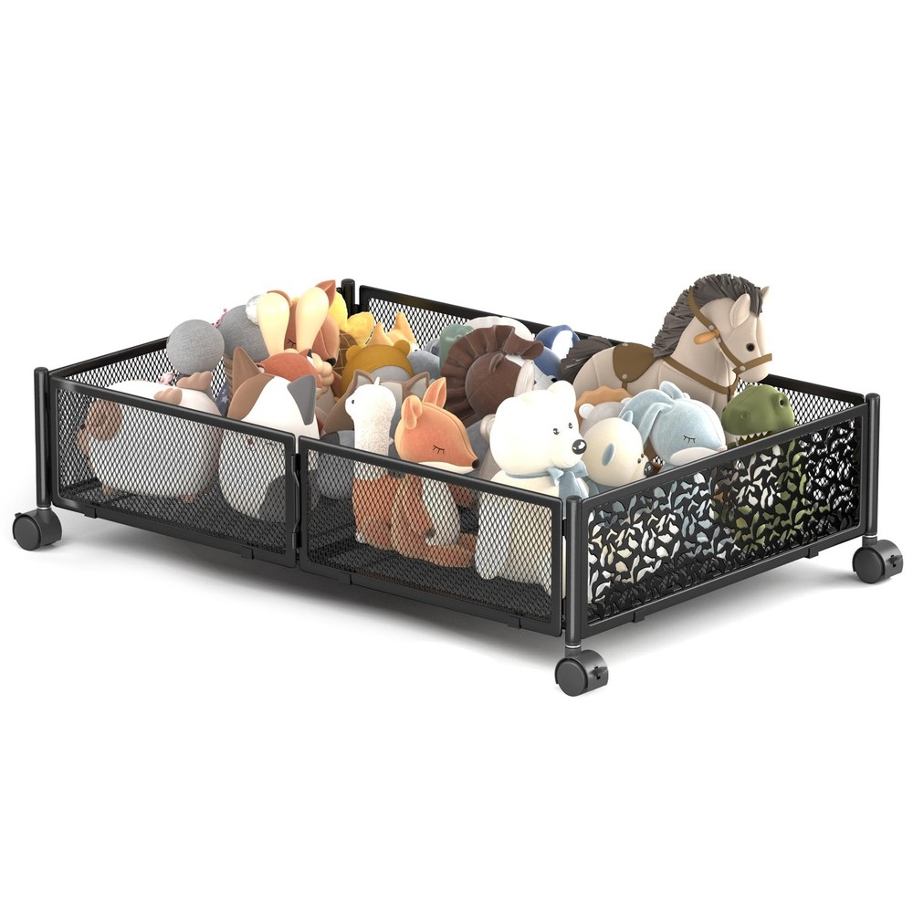 Under Bed Storage with Wheels, Foldable Pattern Carved Metal Under Bed Storag...