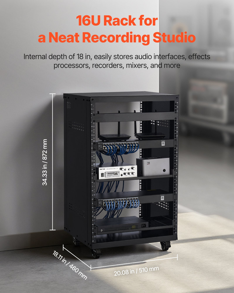 VEVOR 16U Server Rack Cabinet - 500LB Capacity,Locking Casters,Ventilated Design