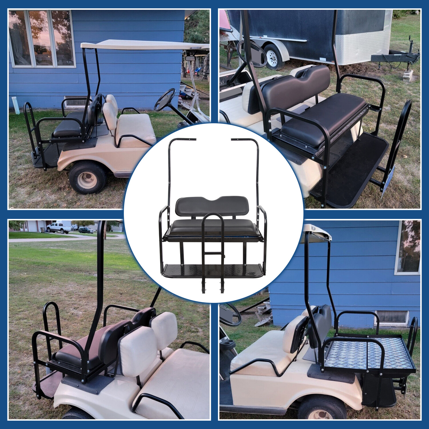 For 1982-2000 Club Car DS Golf Cart Flip Folding Rear Seat Kit w/ Grab Bar black