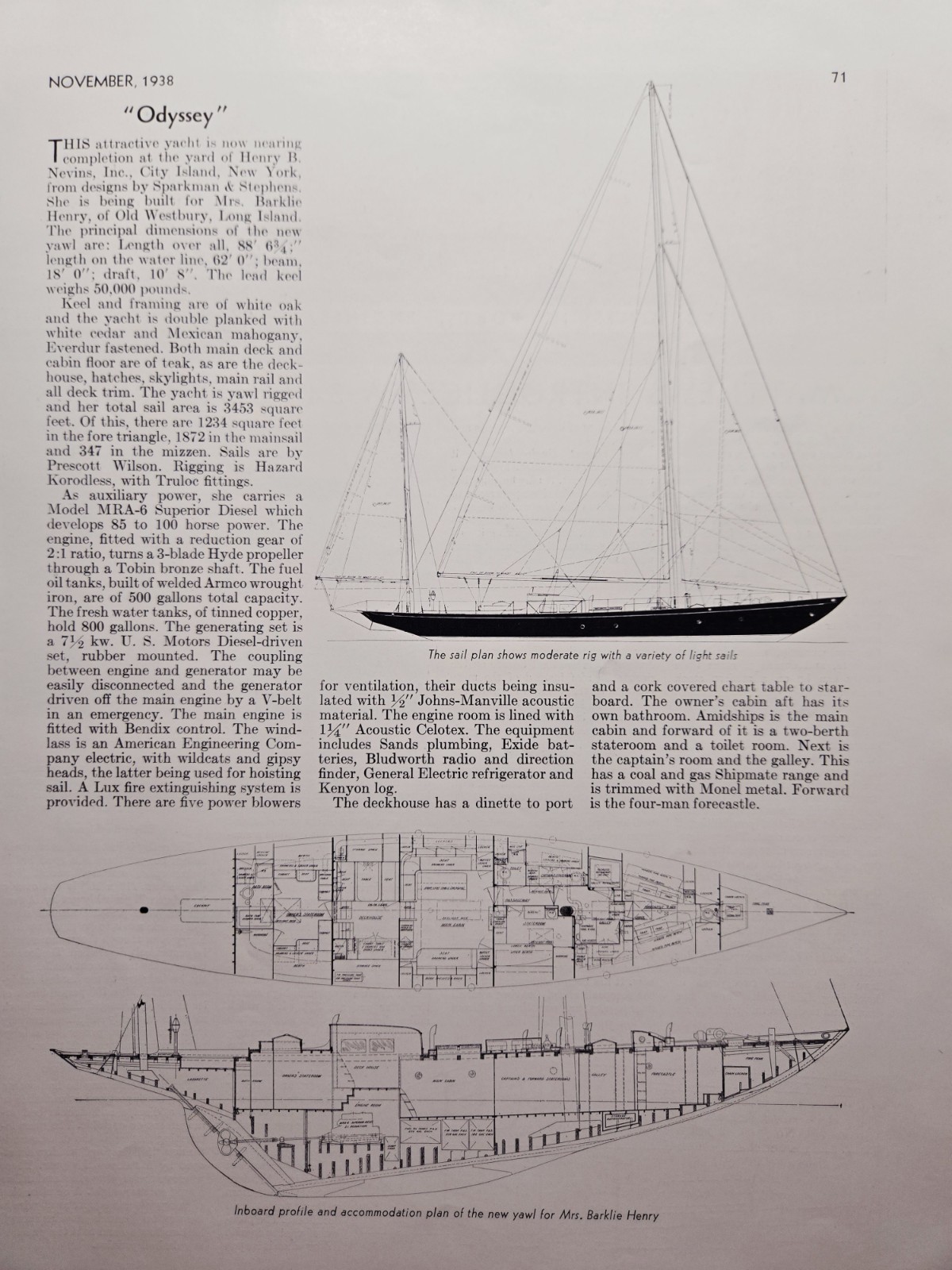 ODYDDEY Yawl Plans by Morton Johnson & Co Bay Head NJ Magazine Illustration 1938