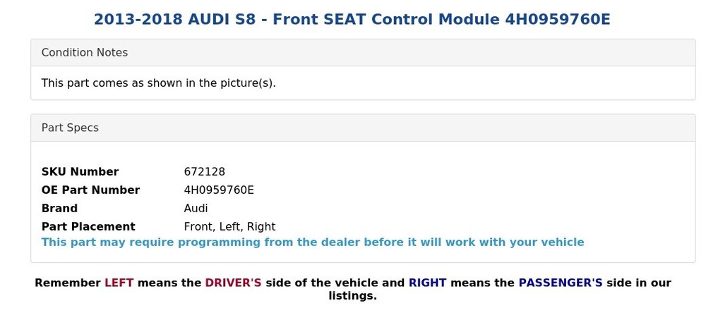 2013-2018 AUDI S8 - Front SEAT Control Module 4H0959760E