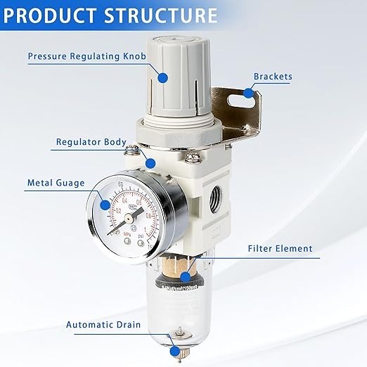 1/4" NPT Compressed Air Filter Regulator Combo, 5 Micron Brass Filter