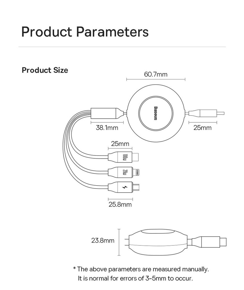 Baseus Retractable 3in1 USB-C Fast Charging Cable Line For iPhone Micro USB-C