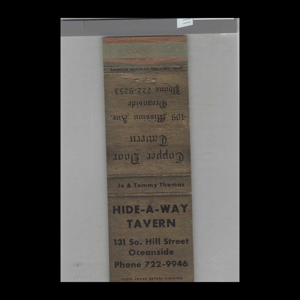 Matchbook Cover Hide-A-Way Tavern Oceanside, CA