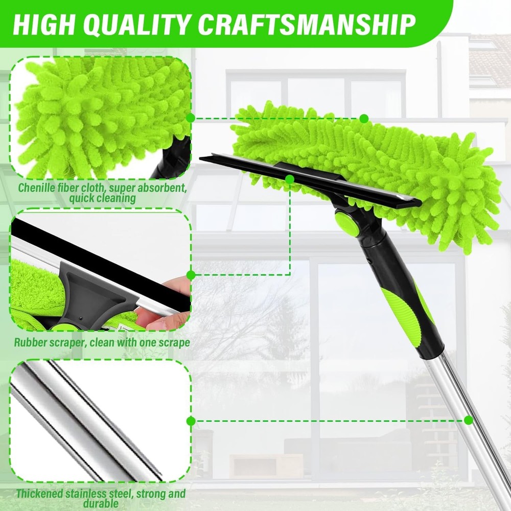 Adjustable Telescopic Window Cleaner Pole with 2 Pads & Squeegee 10-Seg