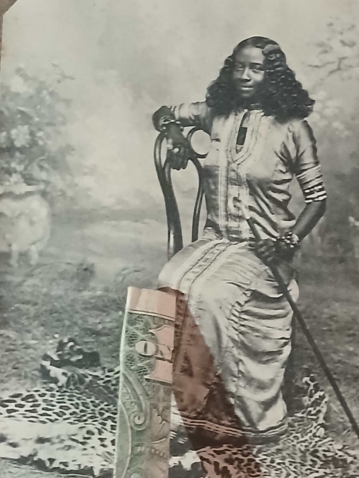 Antique African American * COLORED FEMALE * SITTING LEOPARD PRINT RUG*