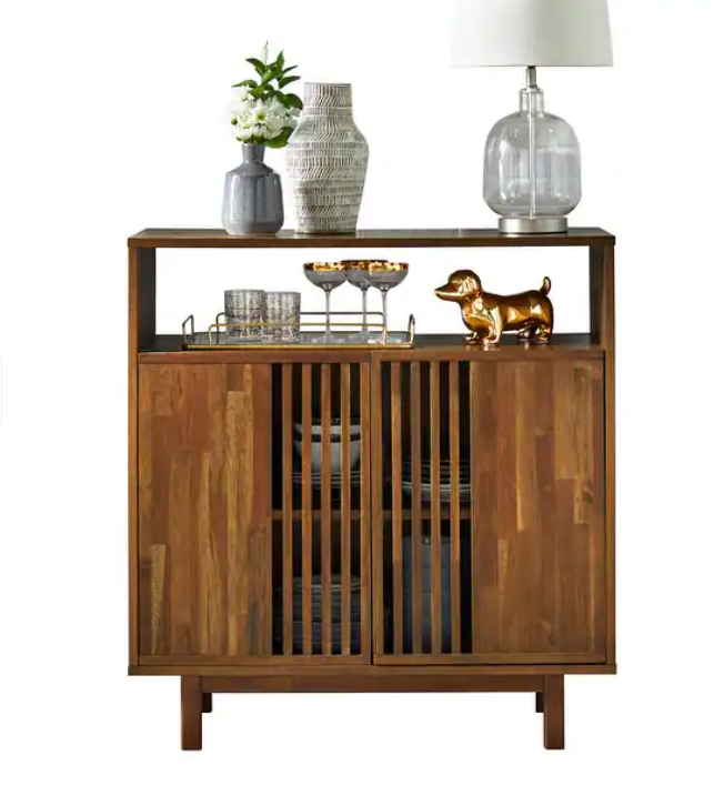 Sideboard Pecan Solid Server Top Doors Mid Century Acacia Veneer Stained Finish