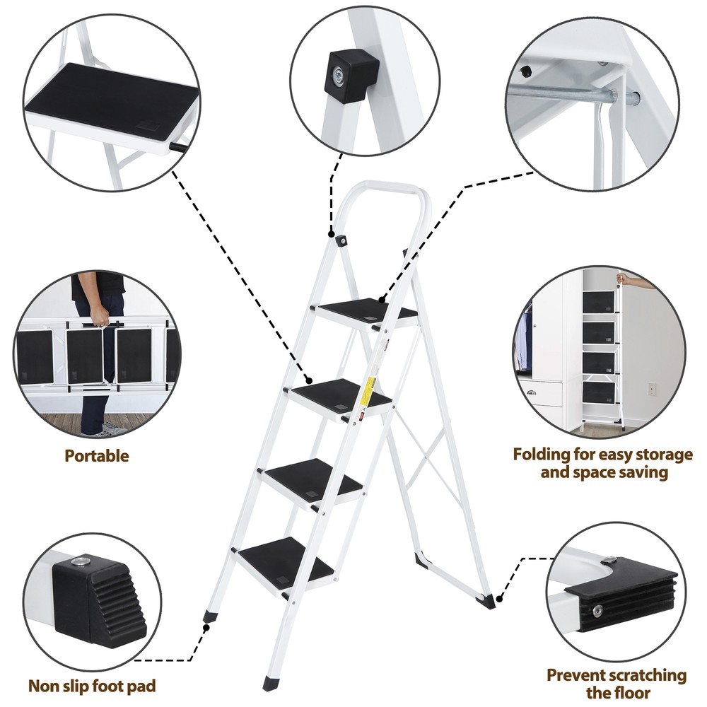 4 Step Ladder Lightweight Folding Step Stool Convenient Handgrip Sturdy Wide