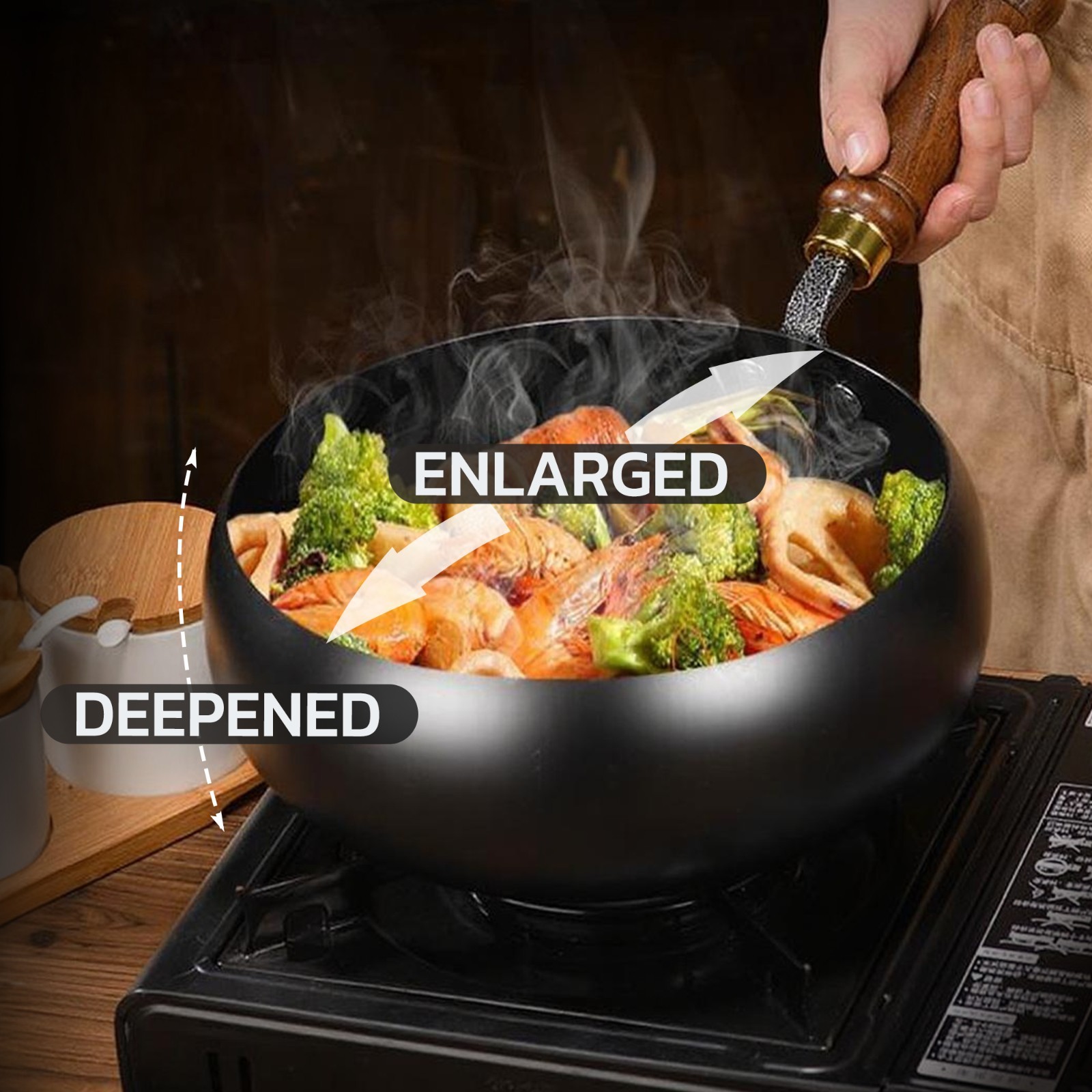 Uncoated Iron Pan Hand Forged Iron Pan with Lid Stir Fry Wok Skillet - 11.02IN