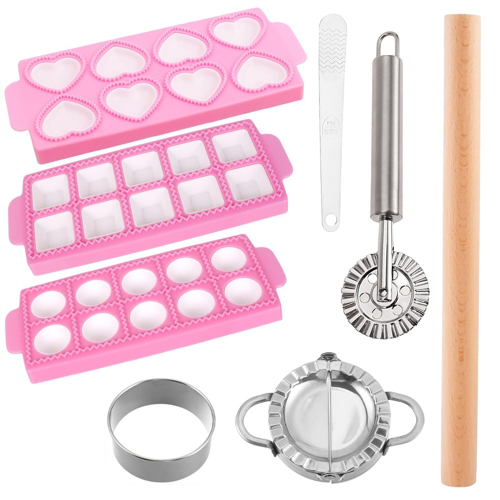 8pcs Ravioli Mold Set- 3 Rectangle Maker Press + Dumpling/Pasta Cutter Round