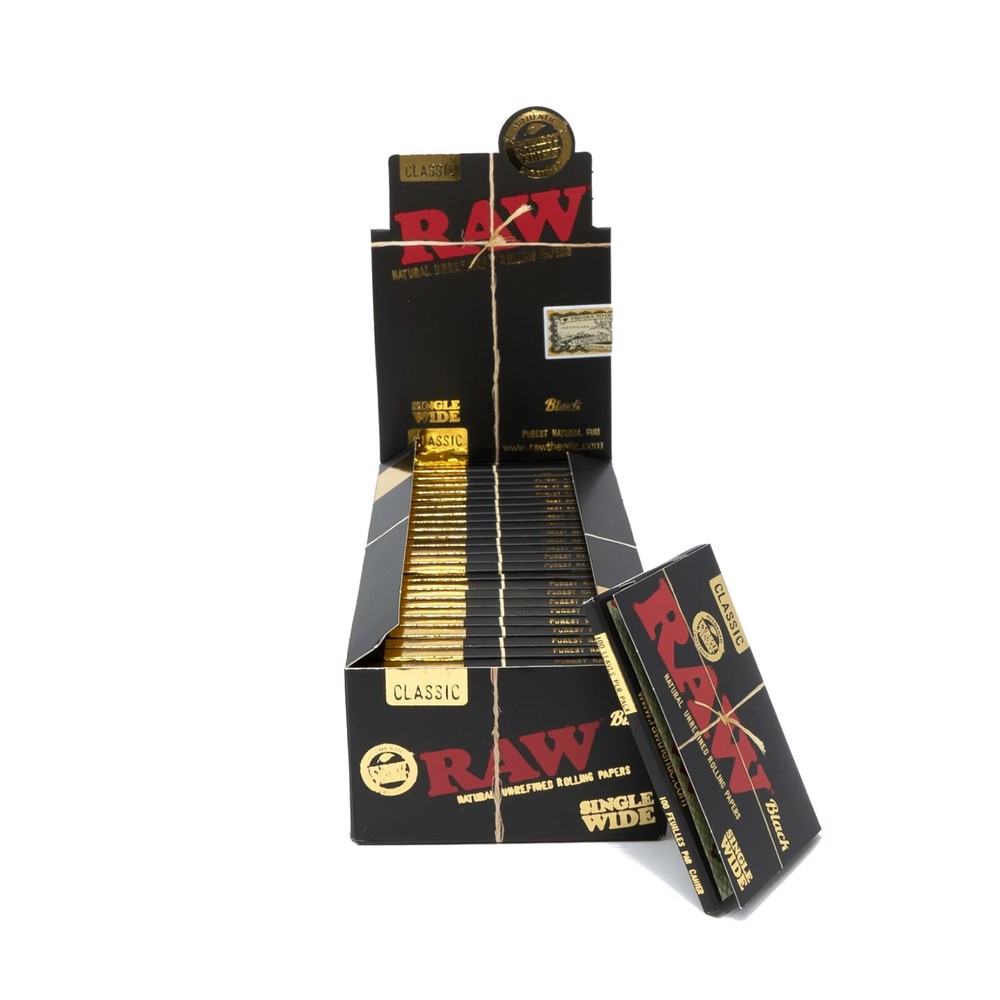 😎 🍃 25 x RAW CLASSIC BLACK SINGLE WIDE ROLLING PAPERS FULL BOX AUTHENTIC 🍃😎