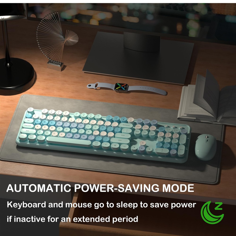 Wireless Keyboard and Mouse Full Size Retro Typewriter Round Keycaps Blue