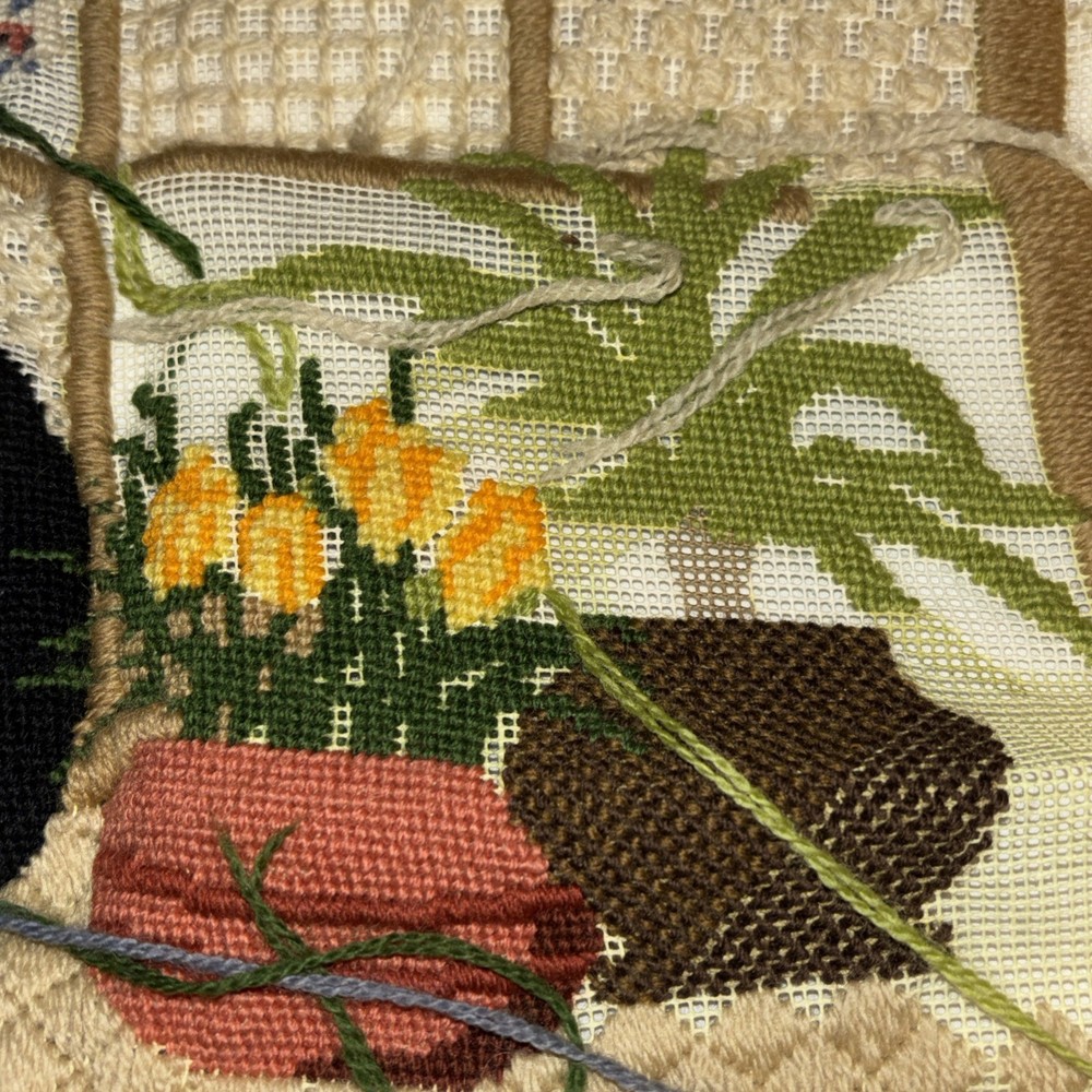Creative Expressions Wistful Cat Needlepoint Kit 14x14 Vintage 1982 Started