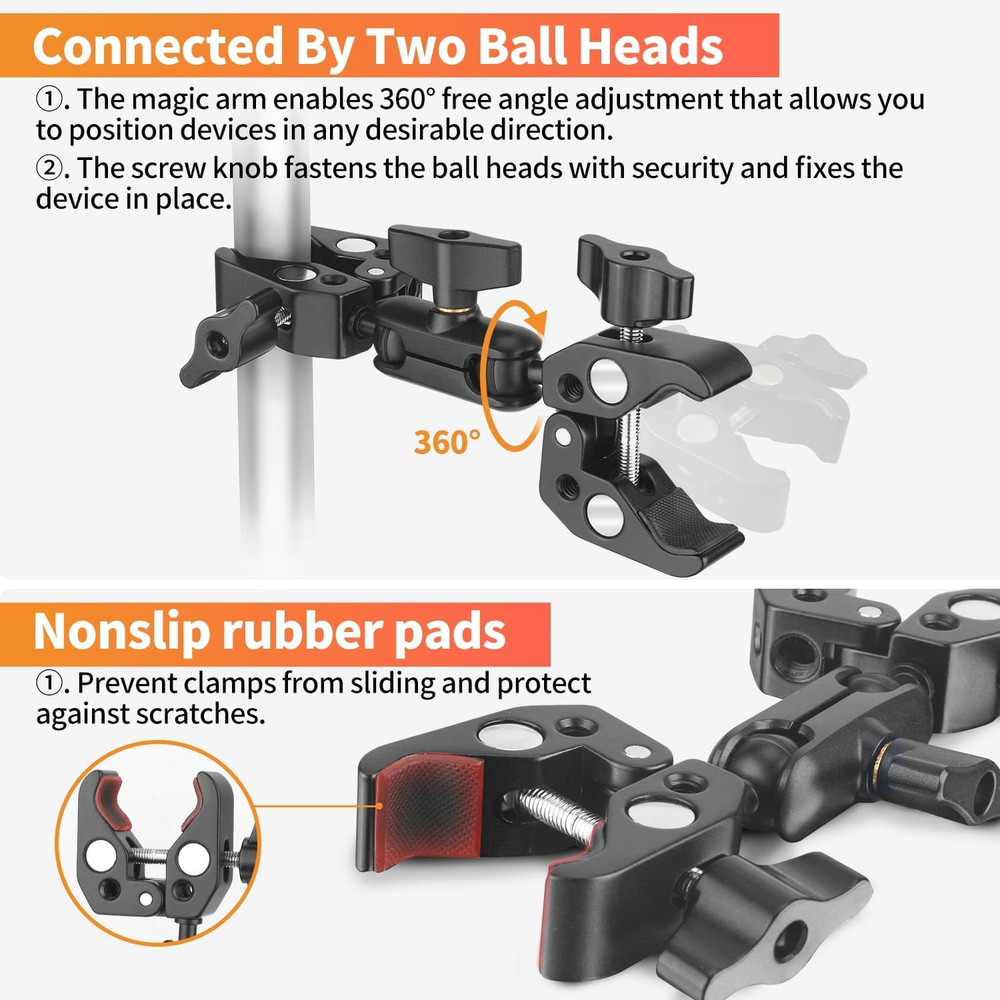 Double Super Clamp Camera Mount, Umbrella Holder Bracket with 360° Ballhead