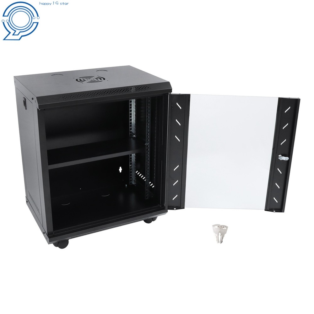 Enclosed Server Rack 12U 15.5" Deep, Secure Lock Glass Front & Sides