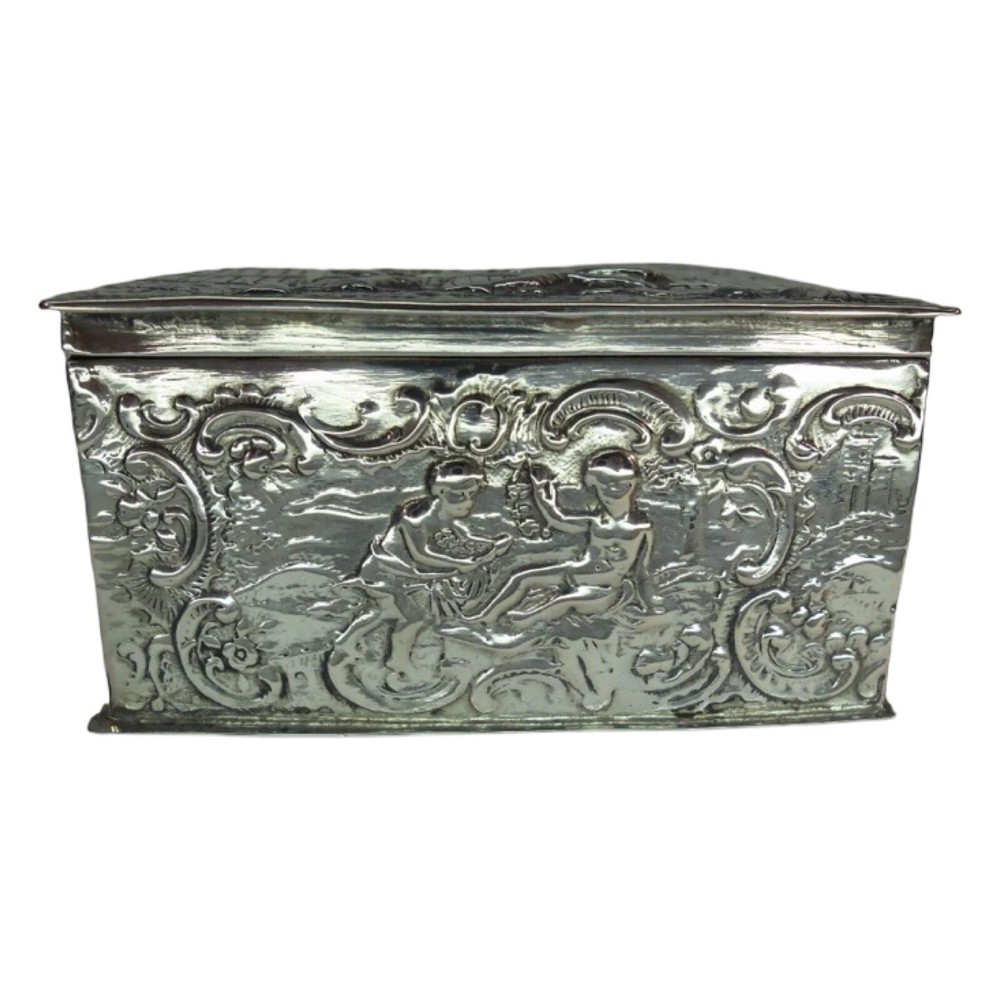 German Solid Silver c1900 Table Box Gambling & Cherub Scenes (F1792)