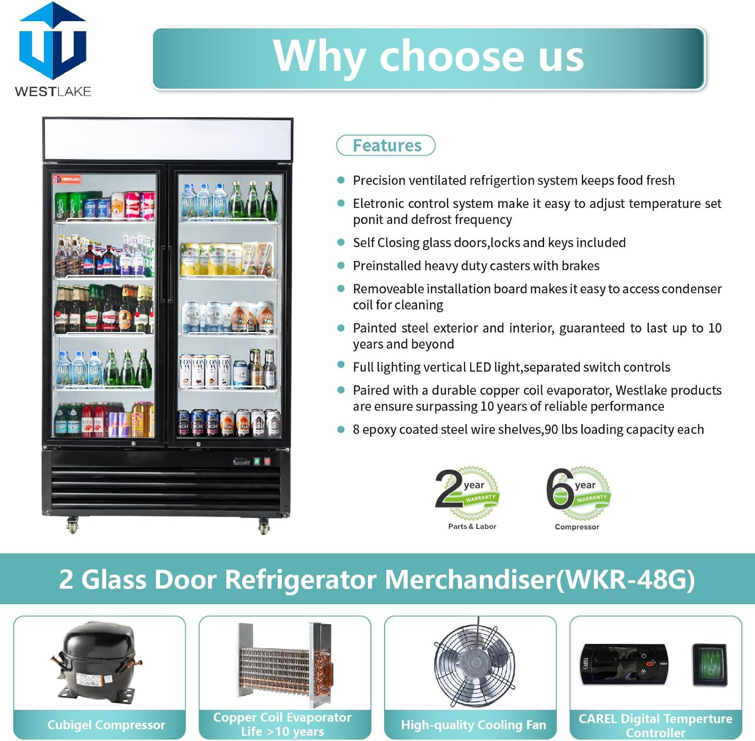 48" W Merchandiser Commercial Display Refrigerator 2 Glass Door Reach-In