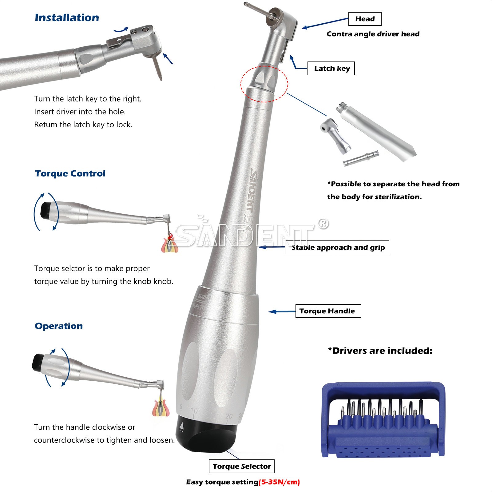 Dental Torque Wrench Universal Implant Kit Wrench Contra Angle & 16 Drivers USA