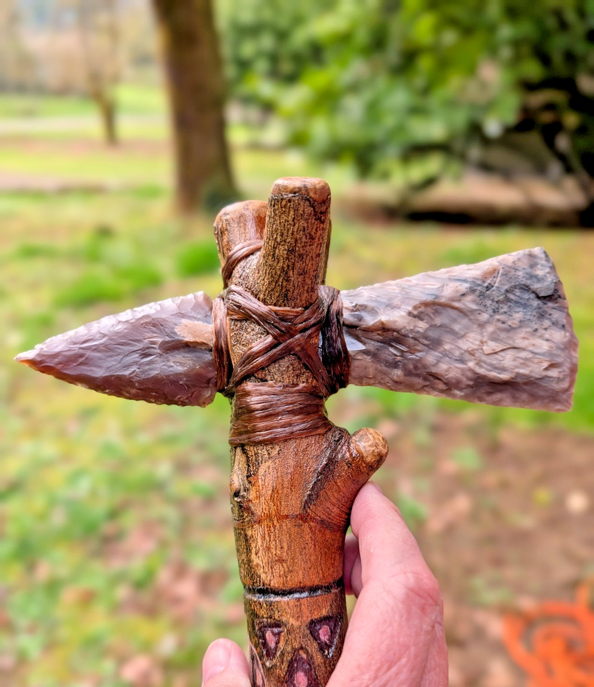 Hand Knapped Tomahawk Stone Blade Carved Handle