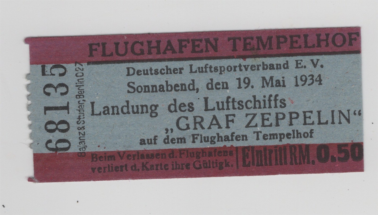 TEMPLEHOF GERMANY 1934 GRAF ZEPPELIN LANDING ENTRANCE TICKET