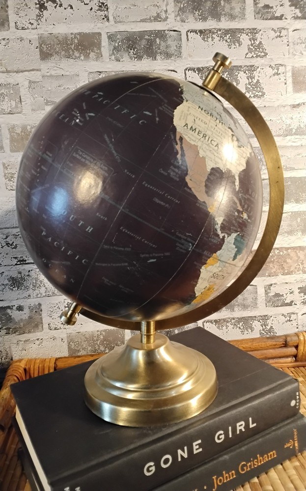 8" DESIGNCO DESKTOP WORLD GLOBE Rotating Spinning Black Globe Gold Base & Stand