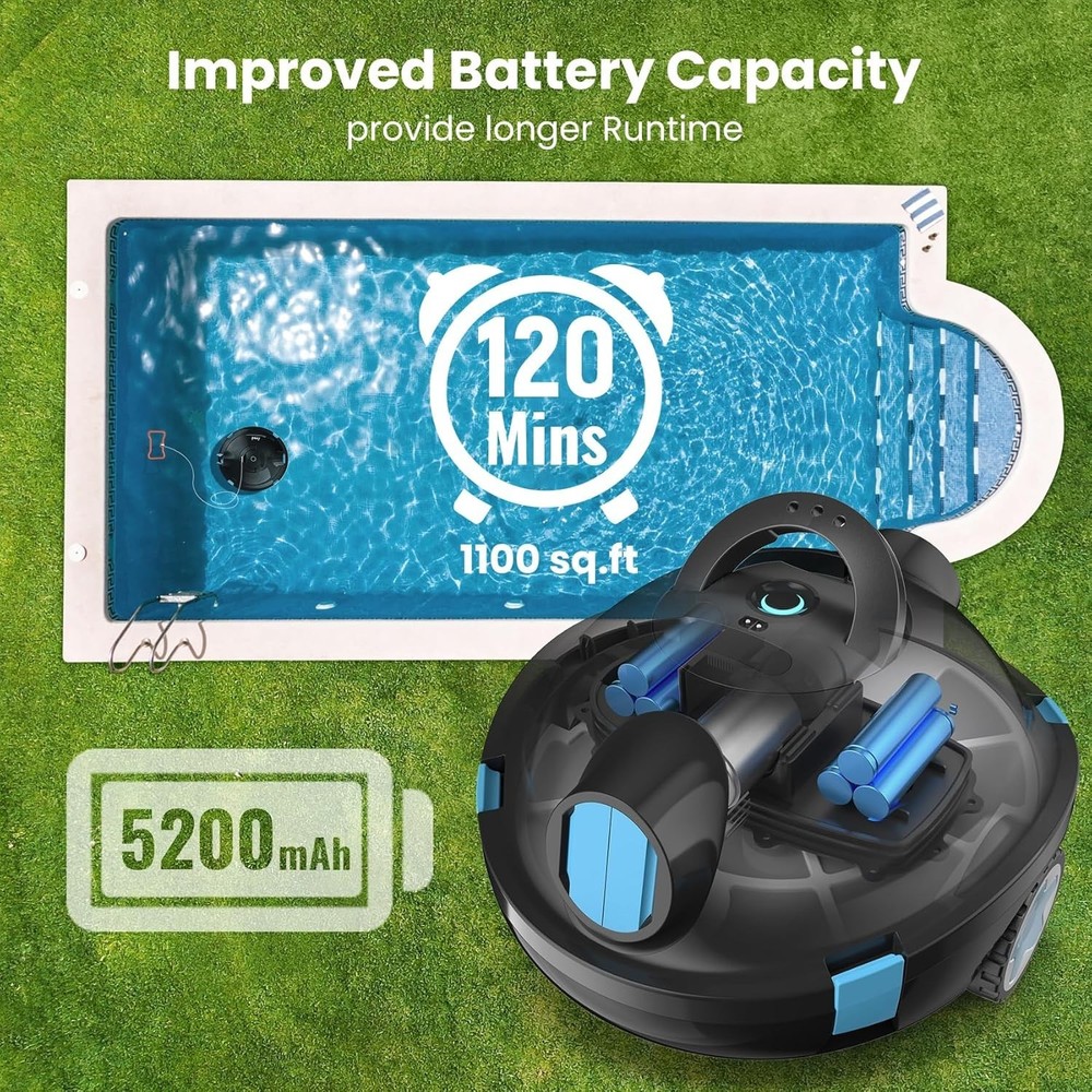 Cordless Robotic Pool Cleaner 65ft 120Min Runtime Suction Self-Parking Lightw...