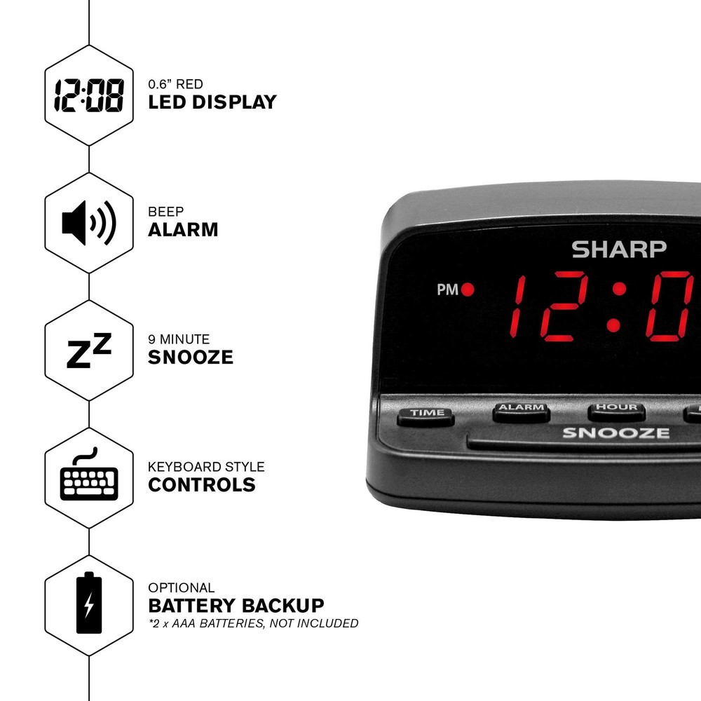 Sharp Digital Alarm Clock with Keyboard Style Controls, Battery Small, Black