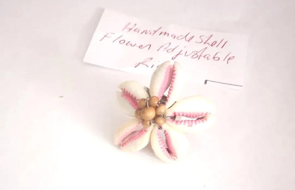 Hand Made Shell Flower White ,Pink, Brown Silver Tone Adjustable Ring
