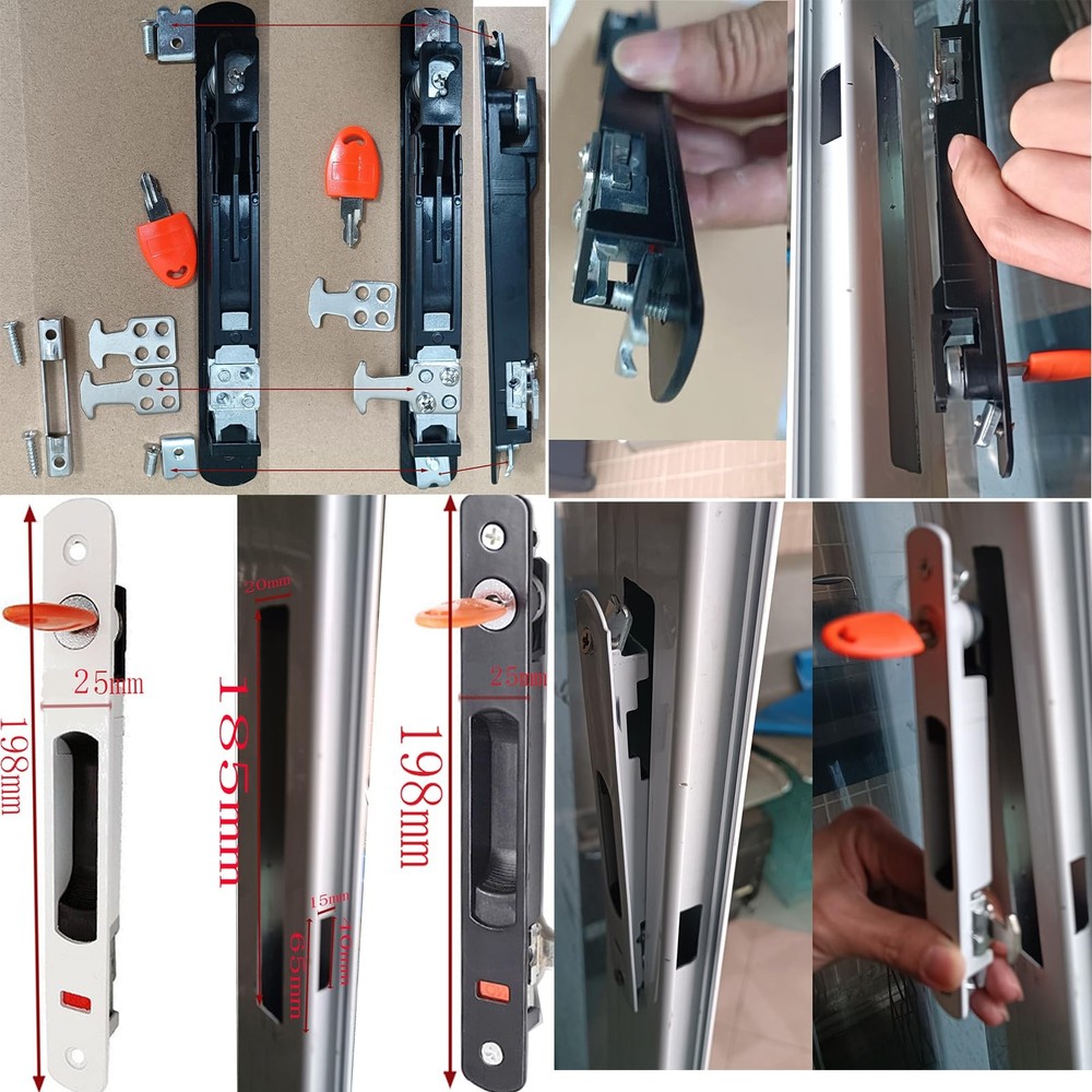 2-Piece Sliding Door Lock with Keys, Embedded Installation, Single-Sided Hook...