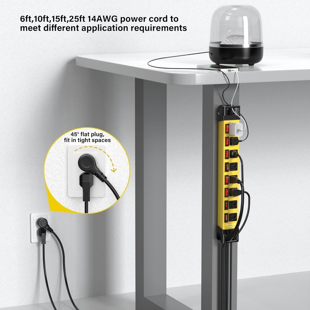 8 Outlet Surge Protector with Right Angle Plug & Cord Management for Workbench