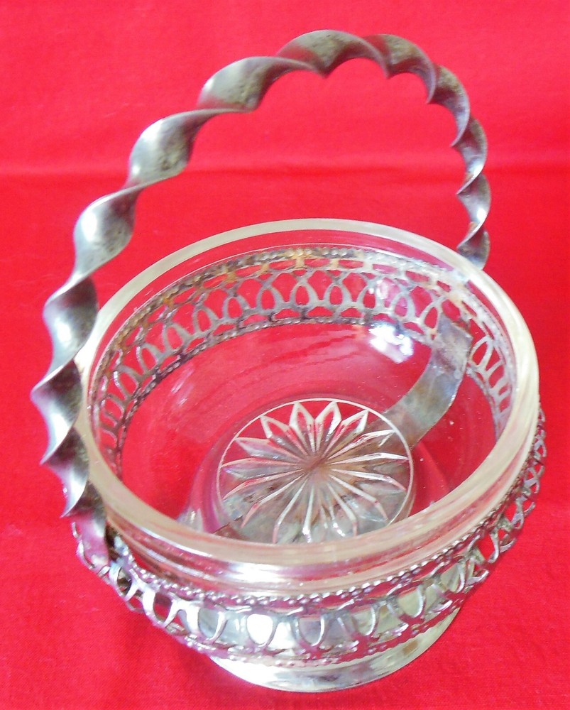 Silverplate & Clear Glass Condiment Caddy Server Basket England