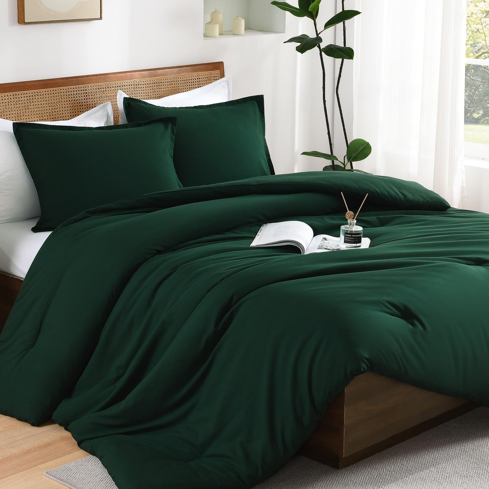 Dark Emerald Green Twin Size Comforter Set, 2 Pieces Boho Solid Bedding Comfo...