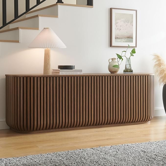 Modway Fortitude 75" Fluted Curved Sideboard Buffet with 4 Doors, Walnut