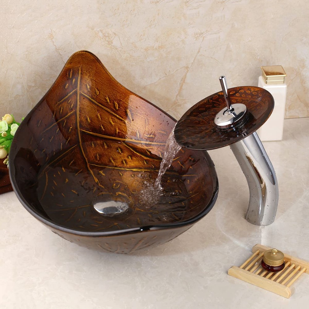 Bathroom Vessel Sink Combo Tempered Glass Leaf Shape Bowl Chrome Waterfall Fa...