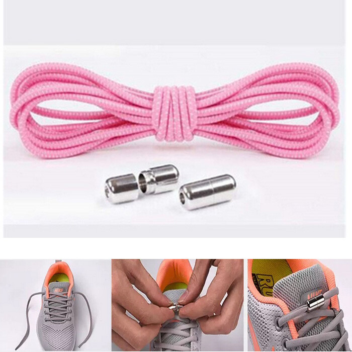 1Pair Shoelaces Elastic Screw Locking Shoe String No Tie PINK Dot WHITE