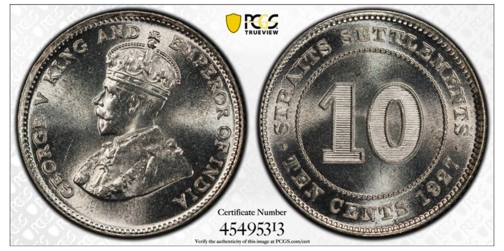 1927 STRAITS SETTLEMENT 10 CENT SILVER COIN PCGS MS65