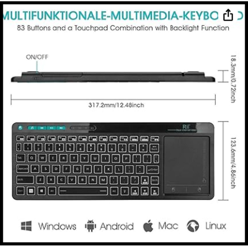 K18 plus Wireless 3-LED Color Backlit Multimedia Keyboard with Multi-Touch B