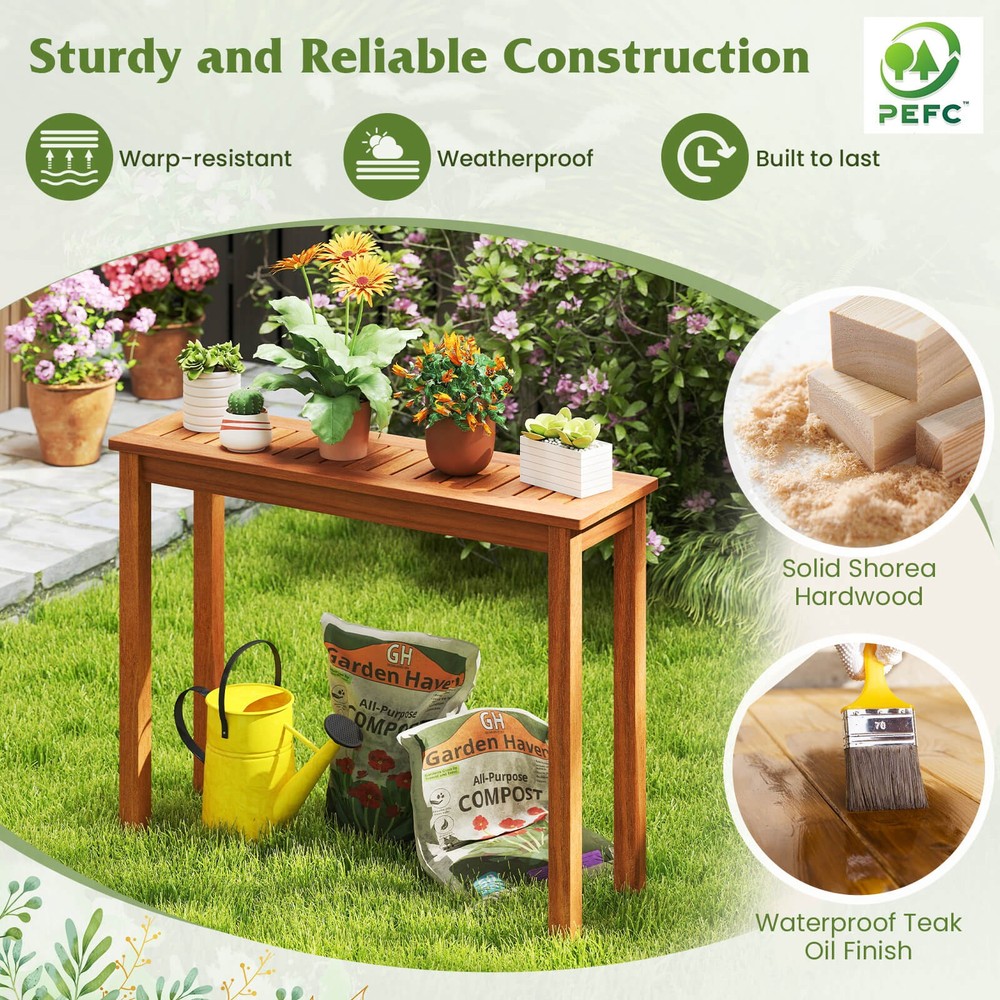 Outdoor Indoor Dining Table w/ Slatted Tabletop Buffet Bar Storage Organizer