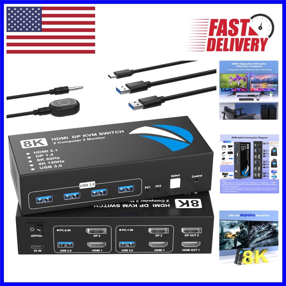 Compact HDMI DisplayPort KVM Switch – 2 PCs & 4 USB Ports – Easy Switch