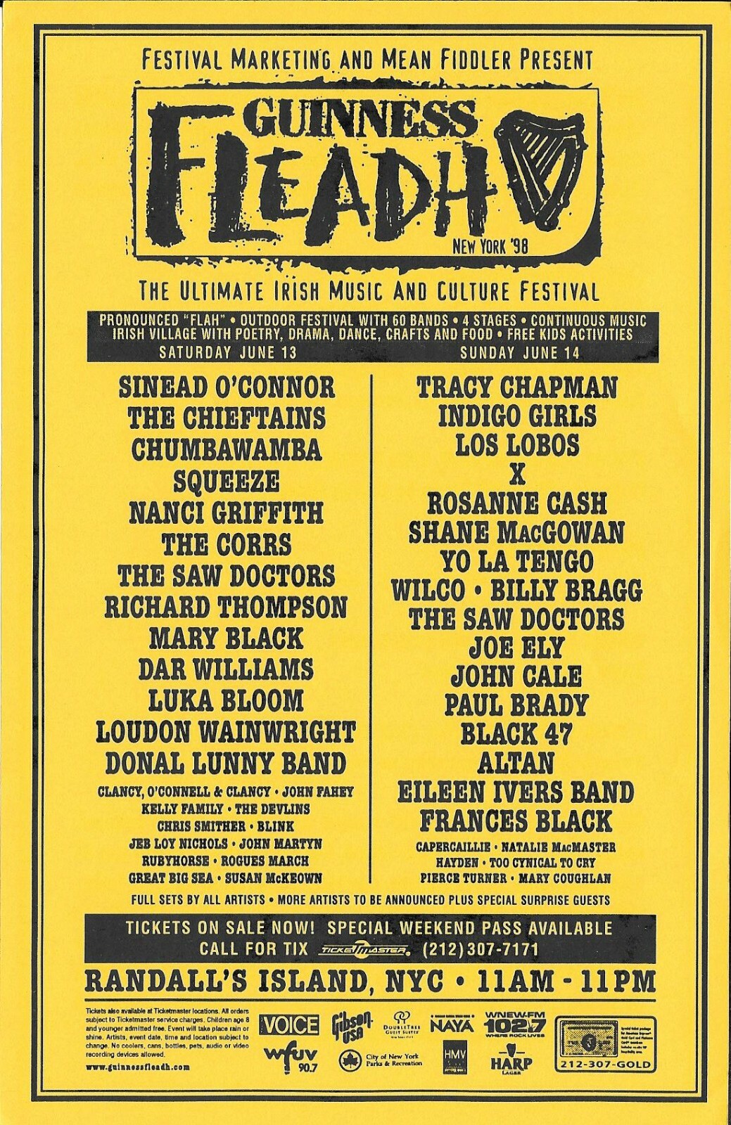 X Squeeze Wilco Black 47 Sinead Yo La Tango Concert Festival Handbill Flyer 1998