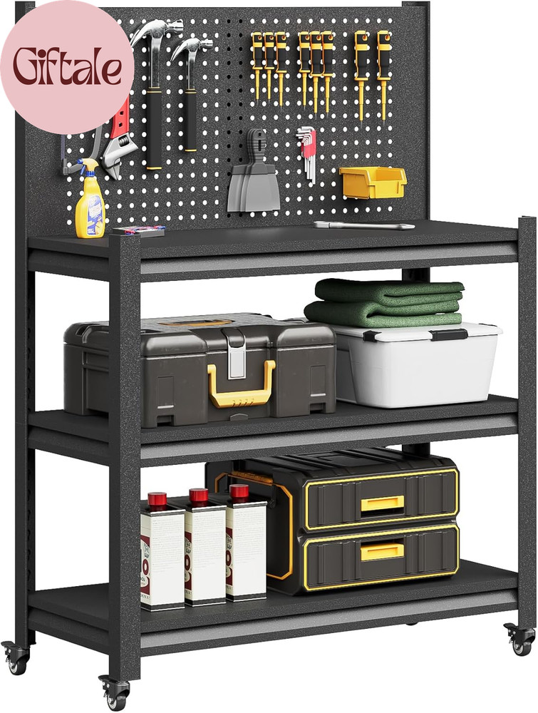 Workbench with Pegboard, Adjustable Heavy Duty Work Table with Wheels, Heavy Dut