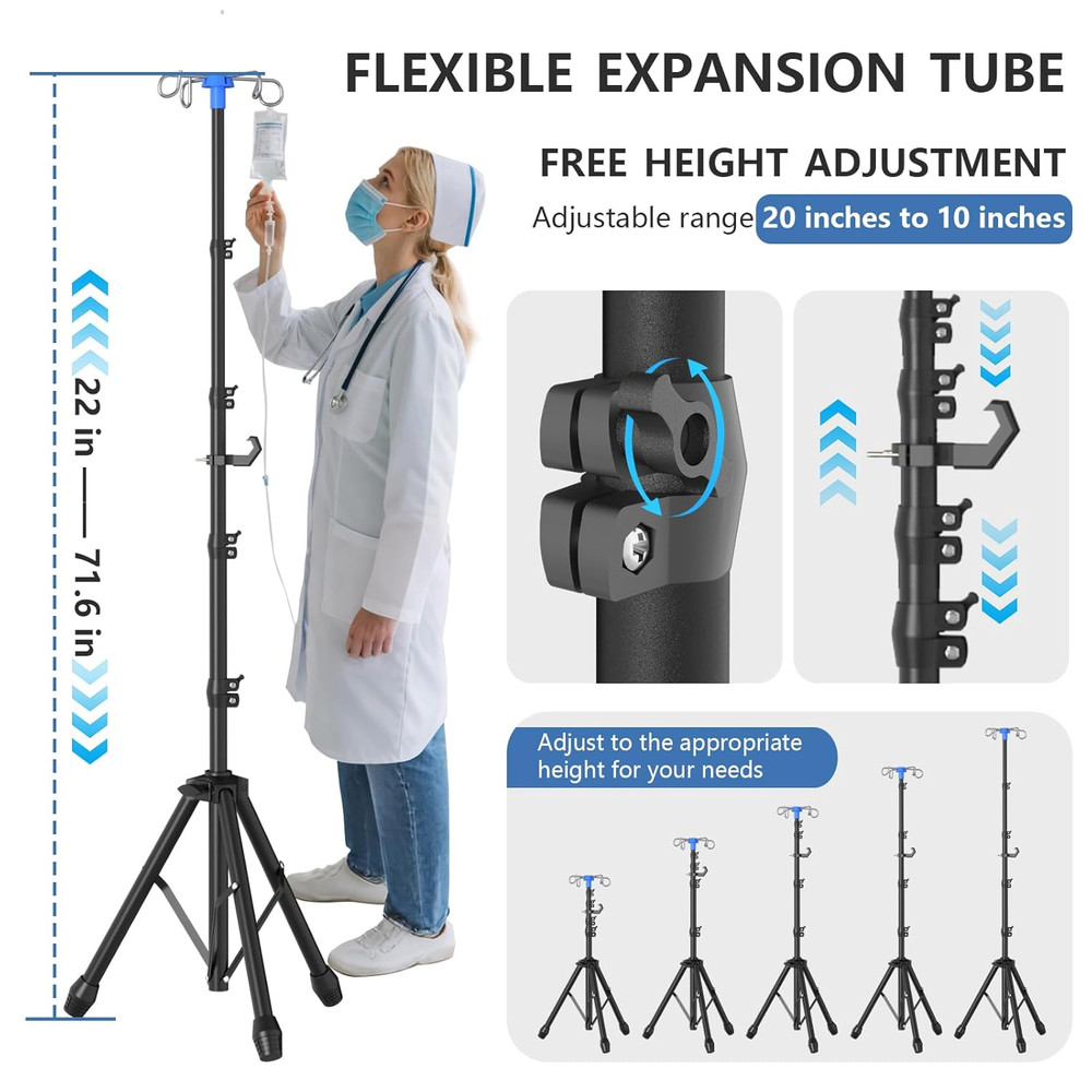 Foldable IV Pole Stand, Portable Telescoping Floor Stand with 4 Hooks, Height Ad