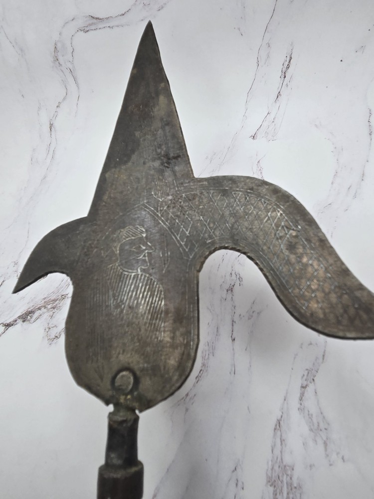 VINTAGE ELEPHANT GOAD (ANKUS) & BATTLE AXE W/ SILVER INLAY A96