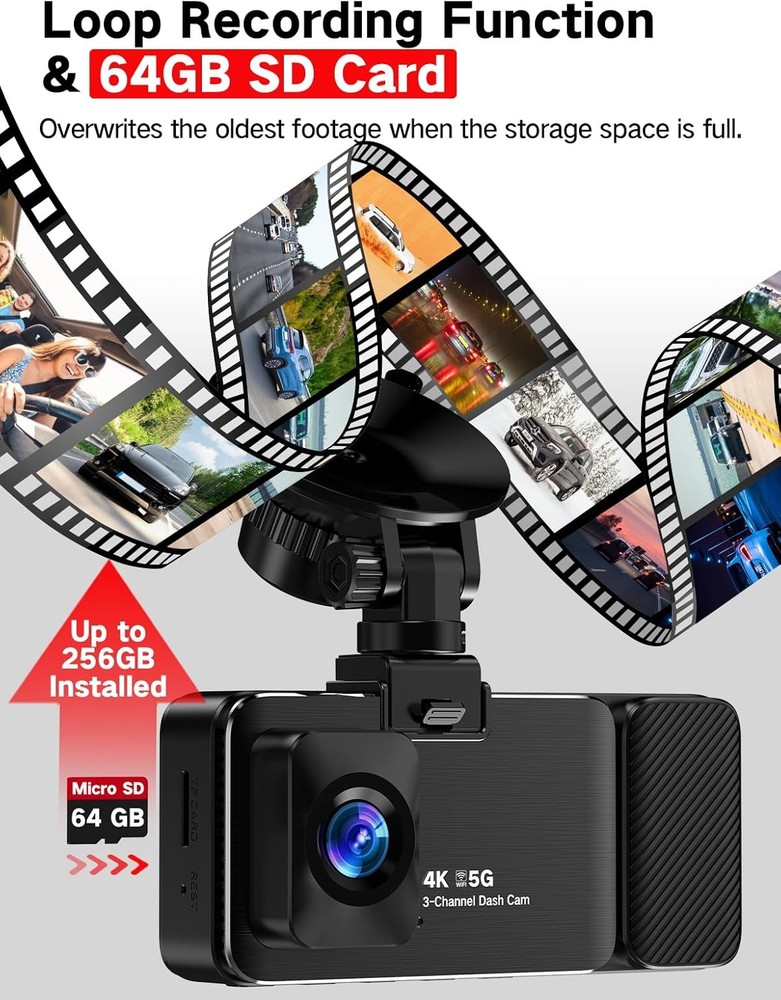 3 Channel 4k Dash Cam Front and Rear Inside, Car Mount Camera Black