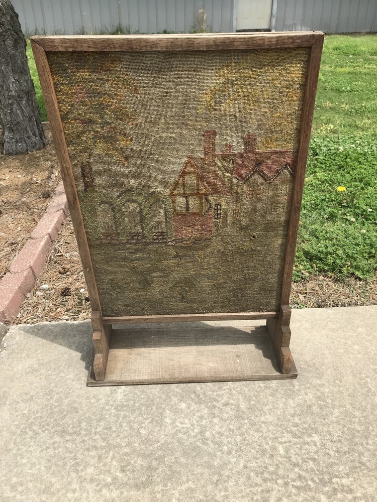 Antique Upright Fire Screen Needlepoint-Tapestry Panel Stand Primitive Tramp Art
